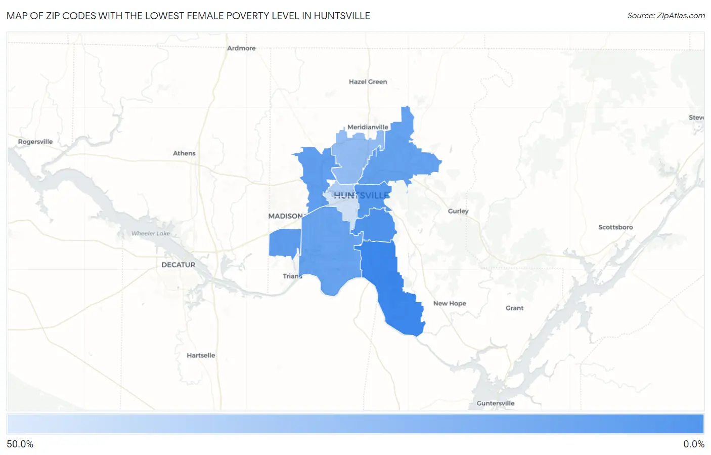 Zip Codes with the Lowest Female Poverty Level in Huntsville Map