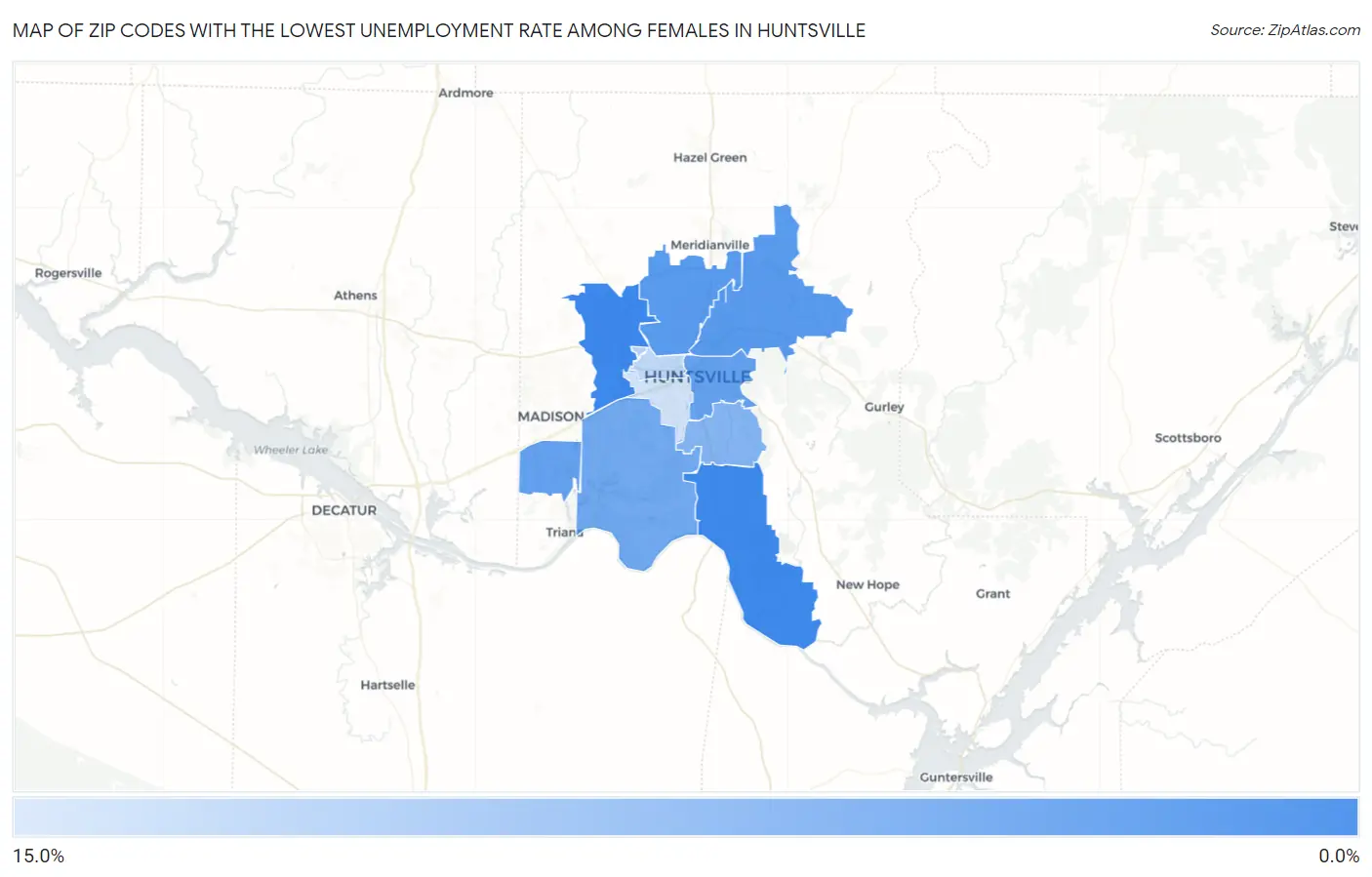 Zip Codes with the Lowest Unemployment Rate Among Females in Huntsville Map