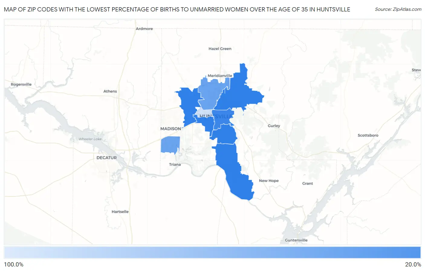 Zip Codes with the Lowest Percentage of Births to Unmarried Women over the Age of 35 in Huntsville Map
