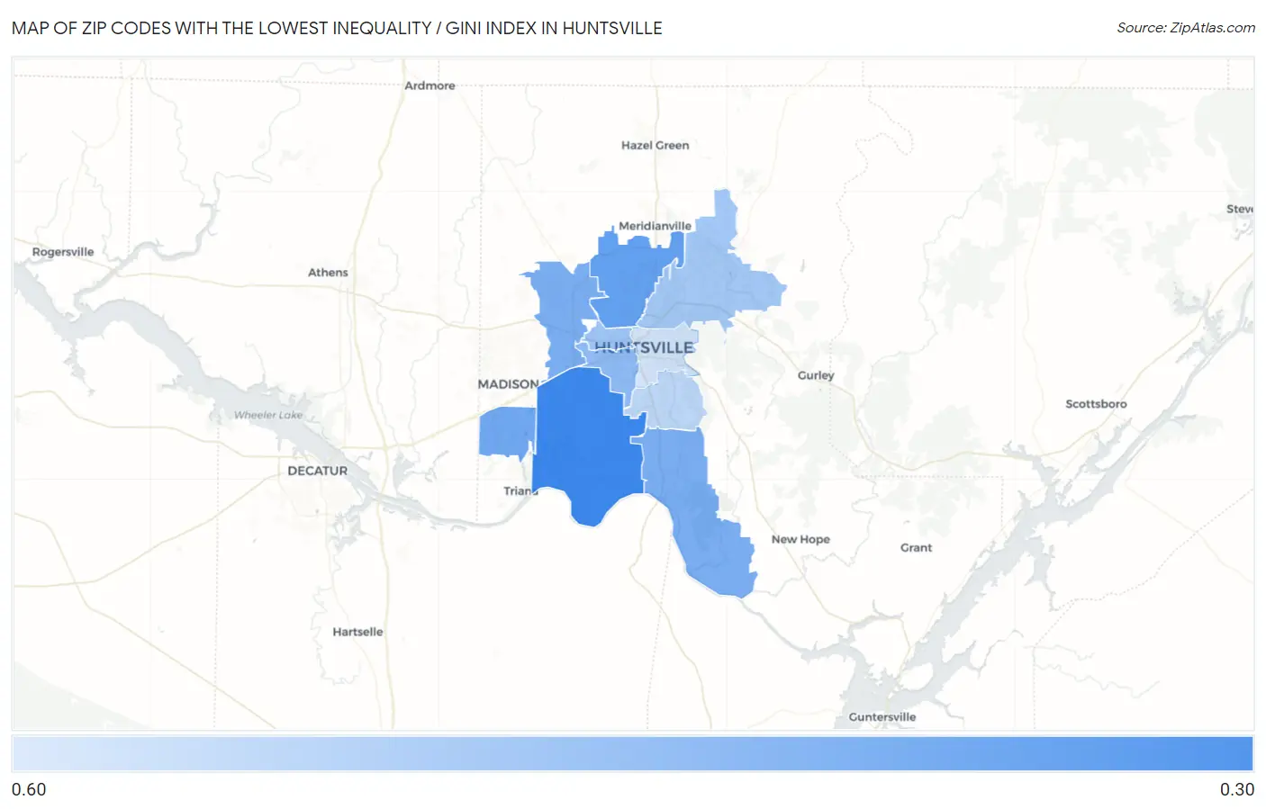 Zip Codes with the Lowest Inequality / Gini Index in Huntsville Map