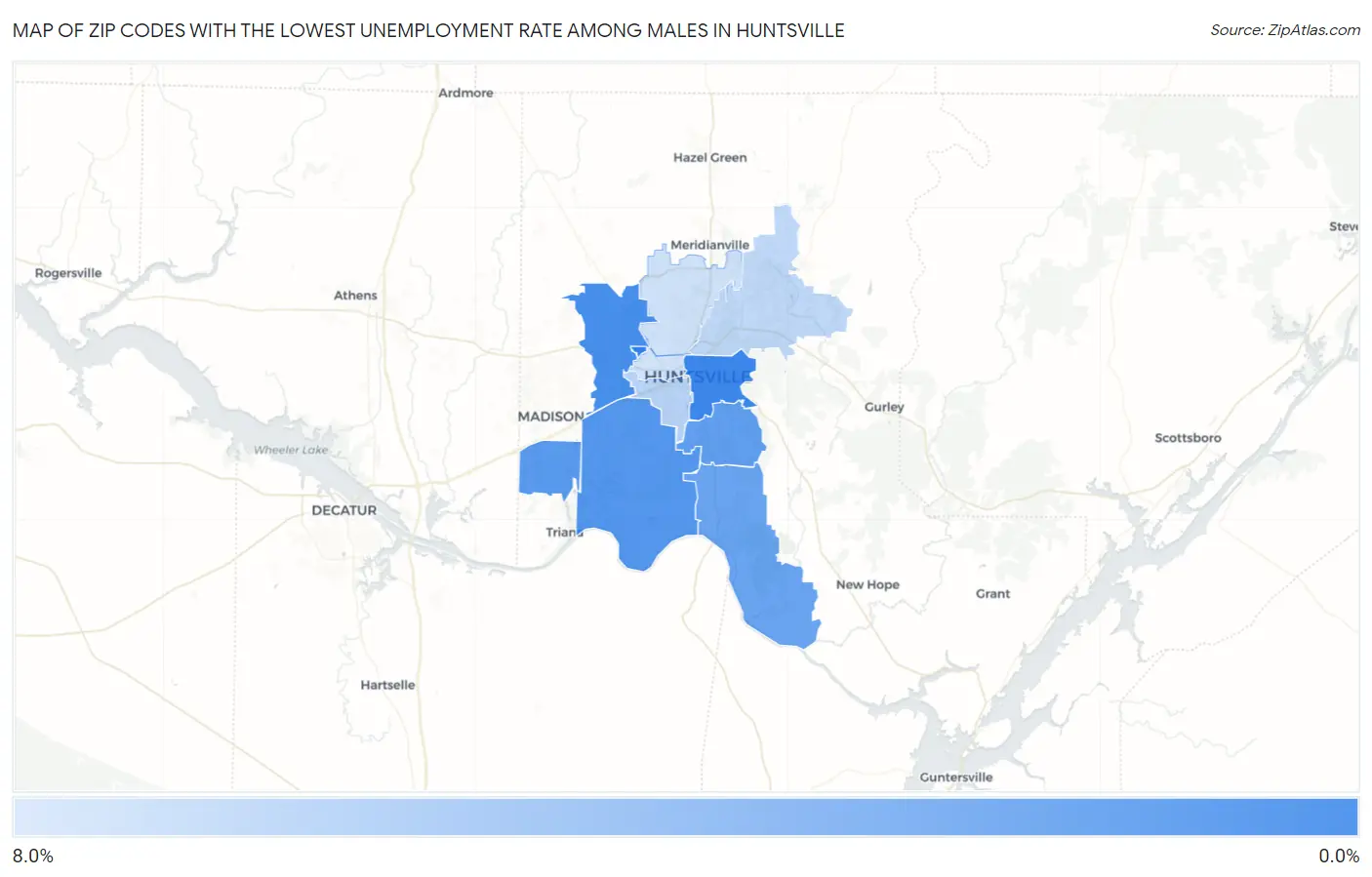 Zip Codes with the Lowest Unemployment Rate Among Males in Huntsville Map