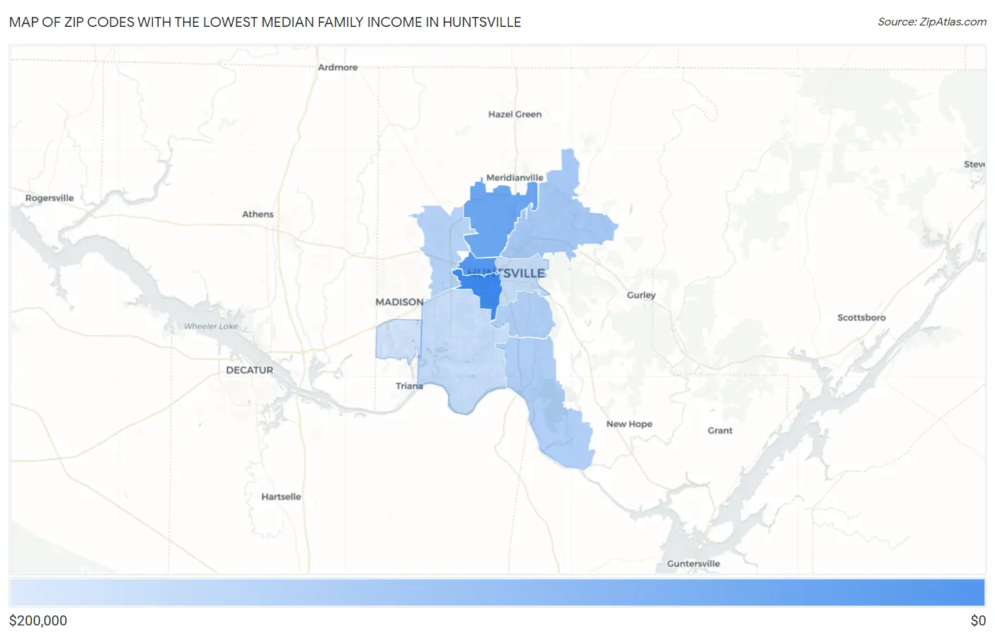 Zip Codes with the Lowest Median Family Income in Huntsville Map