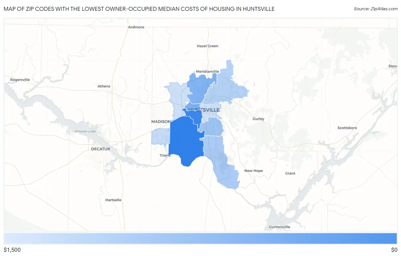 Zip Codes with the Lowest Owner-Occupied Median Costs of Housing in Huntsville Map