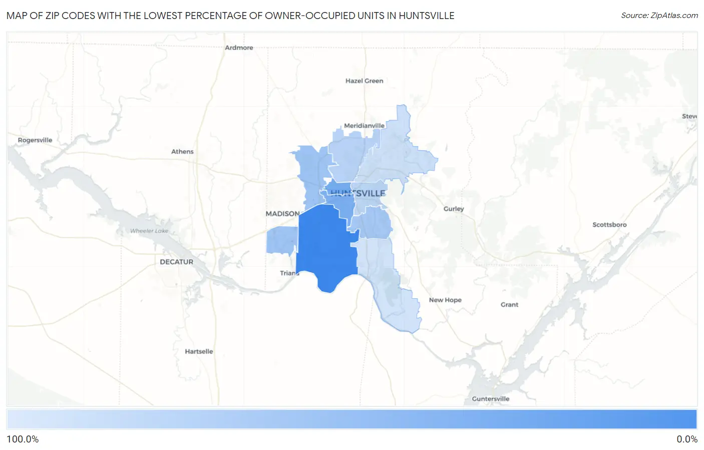 Zip Codes with the Lowest Percentage of Owner-Occupied Units in Huntsville Map