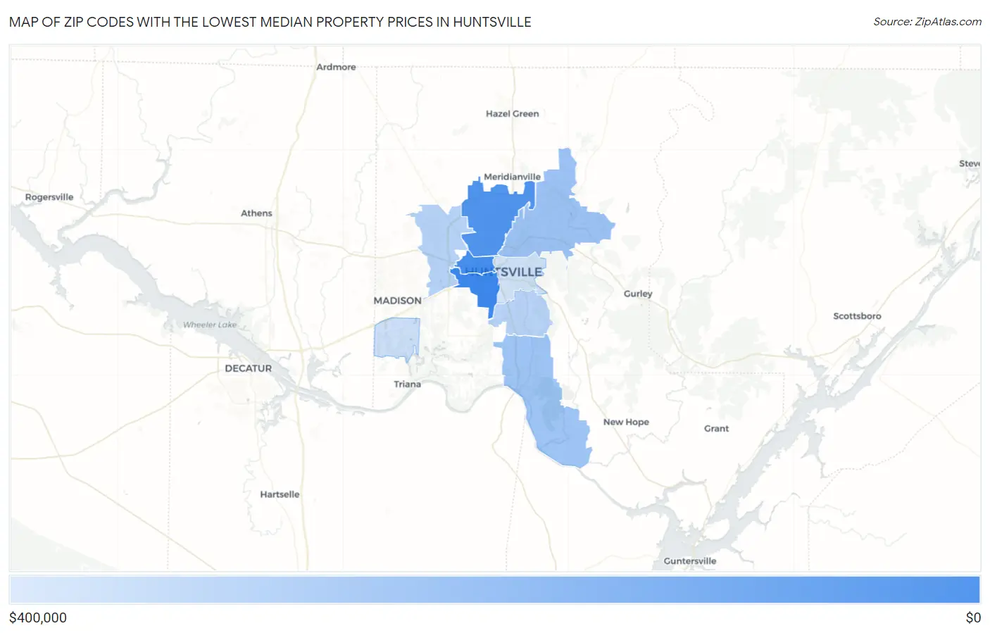 Zip Codes with the Lowest Median Property Prices in Huntsville Map
