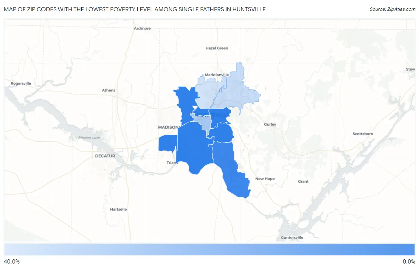 Zip Codes with the Lowest Poverty Level Among Single Fathers in Huntsville Map