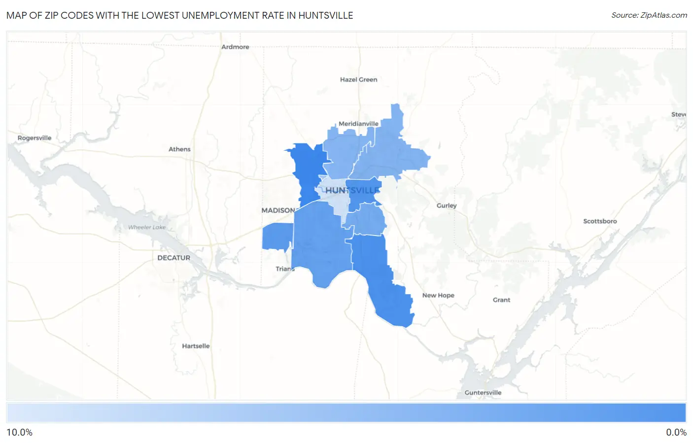 Zip Codes with the Lowest Unemployment Rate in Huntsville Map