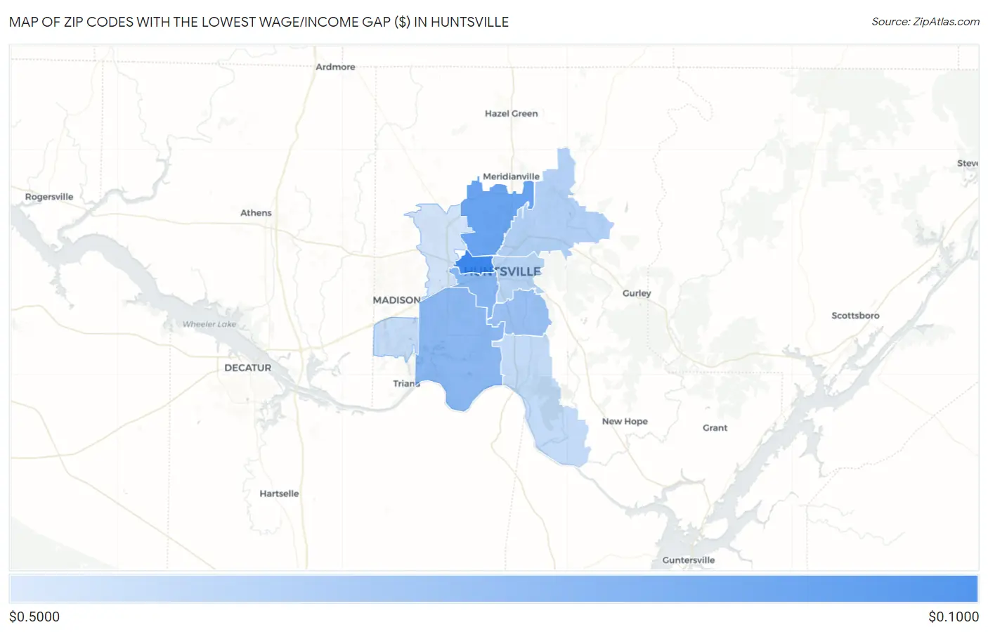 Zip Codes with the Lowest Wage/Income Gap ($) in Huntsville Map