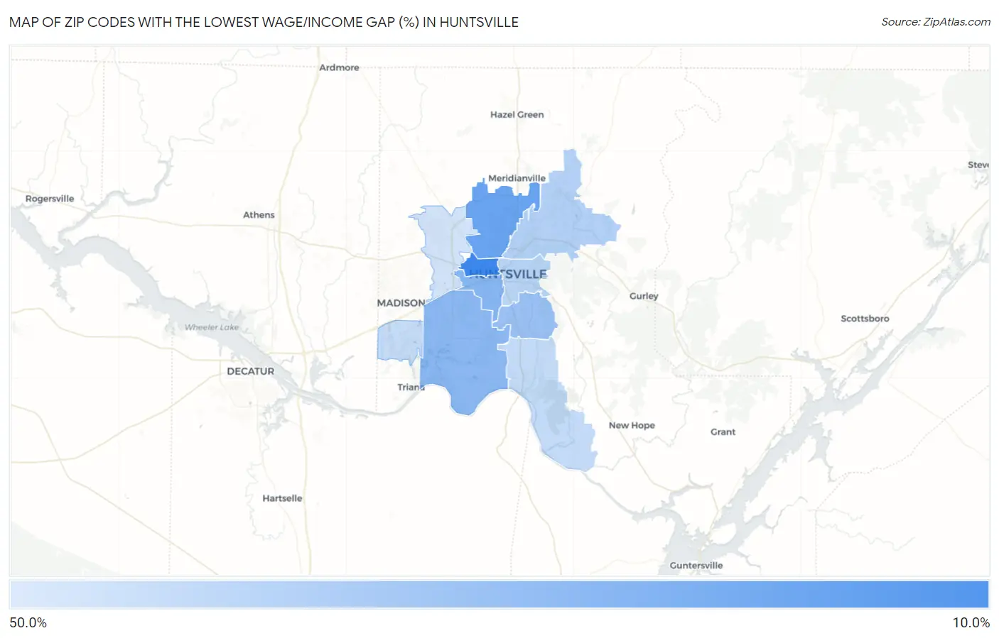 Zip Codes with the Lowest Wage/Income Gap (%) in Huntsville Map
