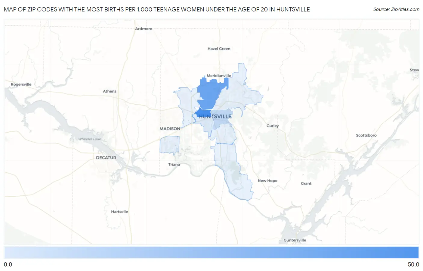 Zip Codes with the Most Births per 1,000 Teenage Women Under the Age of 20 in Huntsville Map