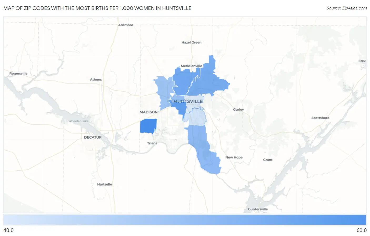 Zip Codes with the Most Births per 1,000 Women in Huntsville Map