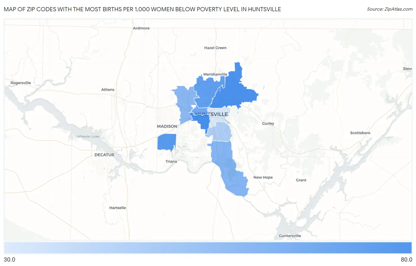 Zip Codes with the Most Births per 1,000 Women Below Poverty Level in Huntsville Map
