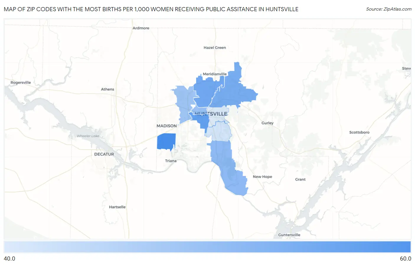 Zip Codes with the Most Births per 1,000 Women Receiving Public Assitance in Huntsville Map