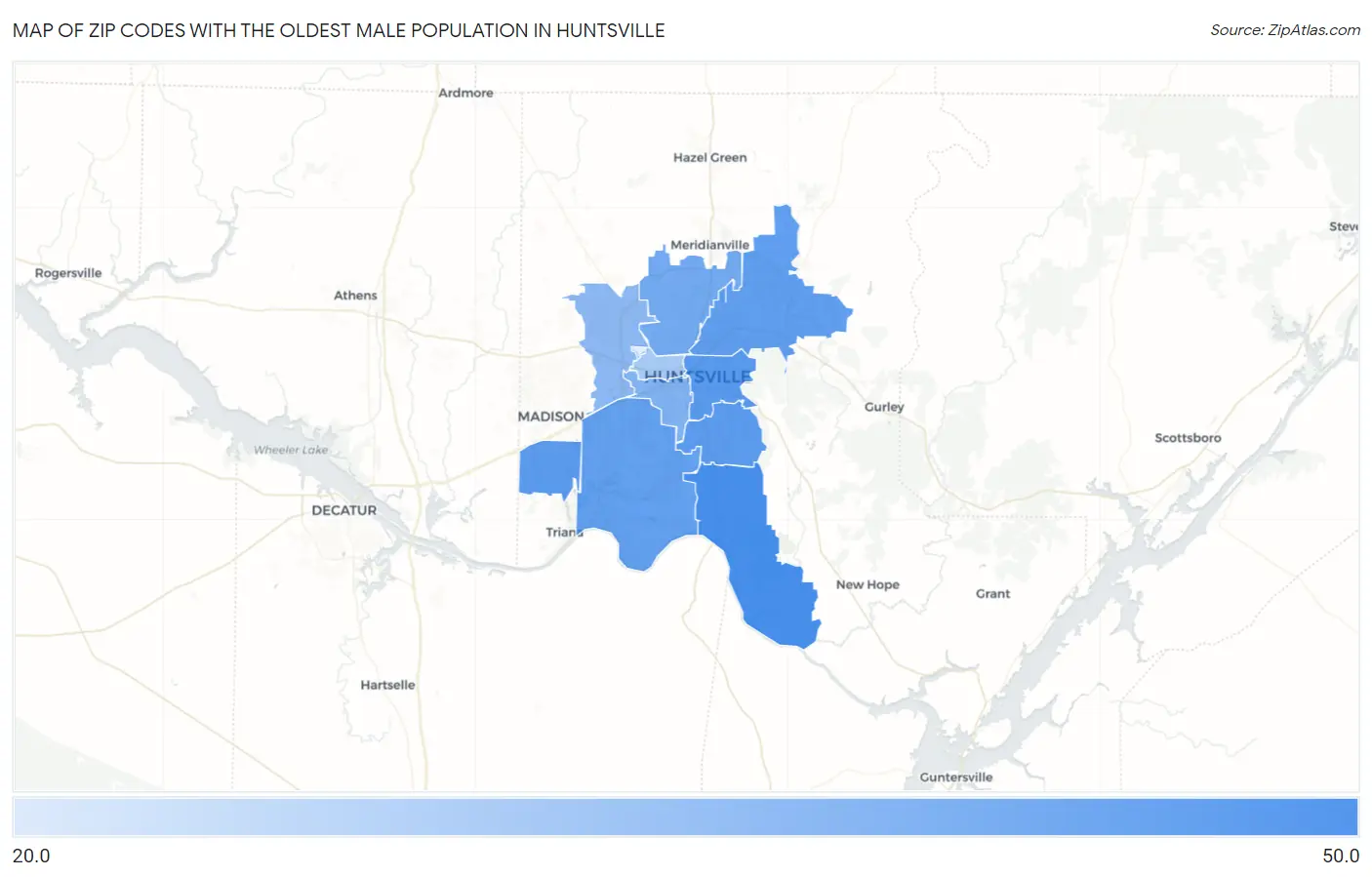 Zip Codes with the Oldest Male Population in Huntsville Map