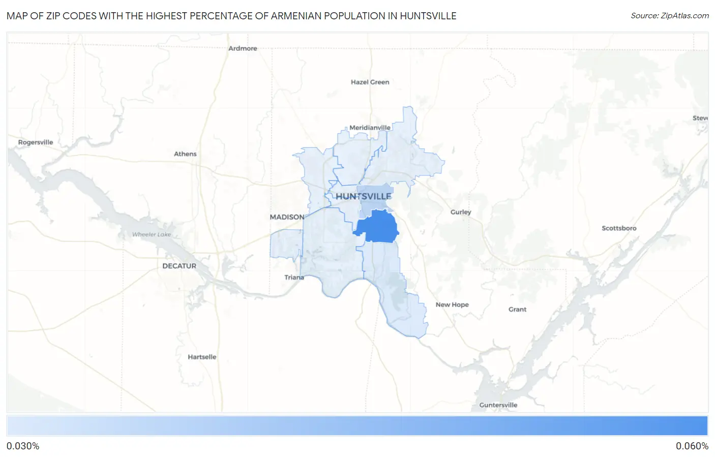 Zip Codes with the Highest Percentage of Armenian Population in Huntsville Map