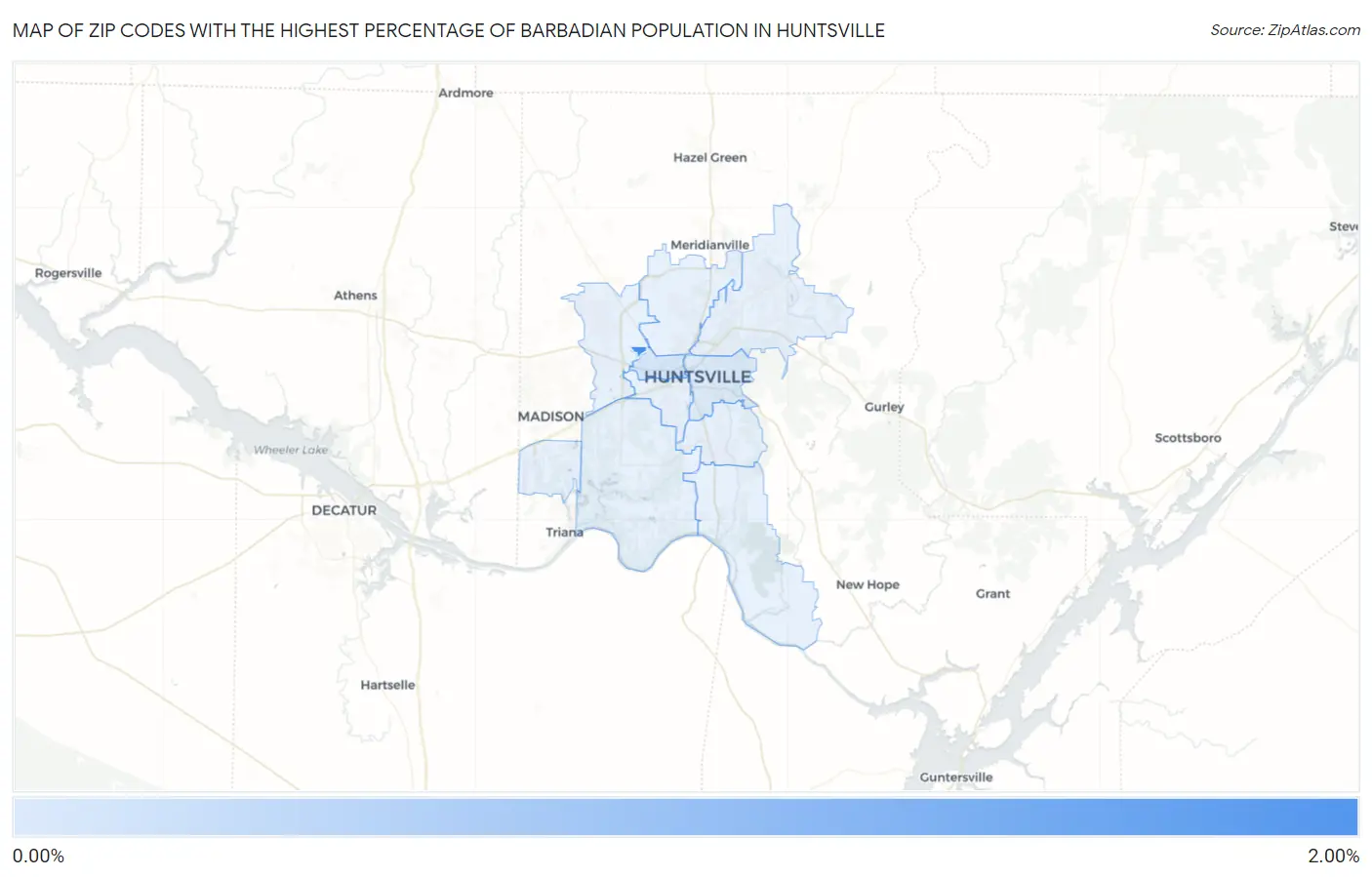 Zip Codes with the Highest Percentage of Barbadian Population in Huntsville Map