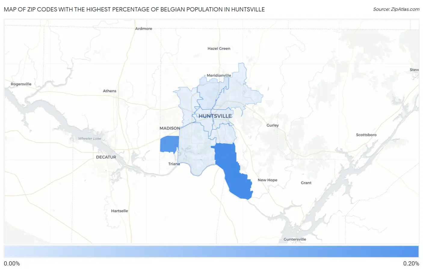 Zip Codes with the Highest Percentage of Belgian Population in Huntsville Map