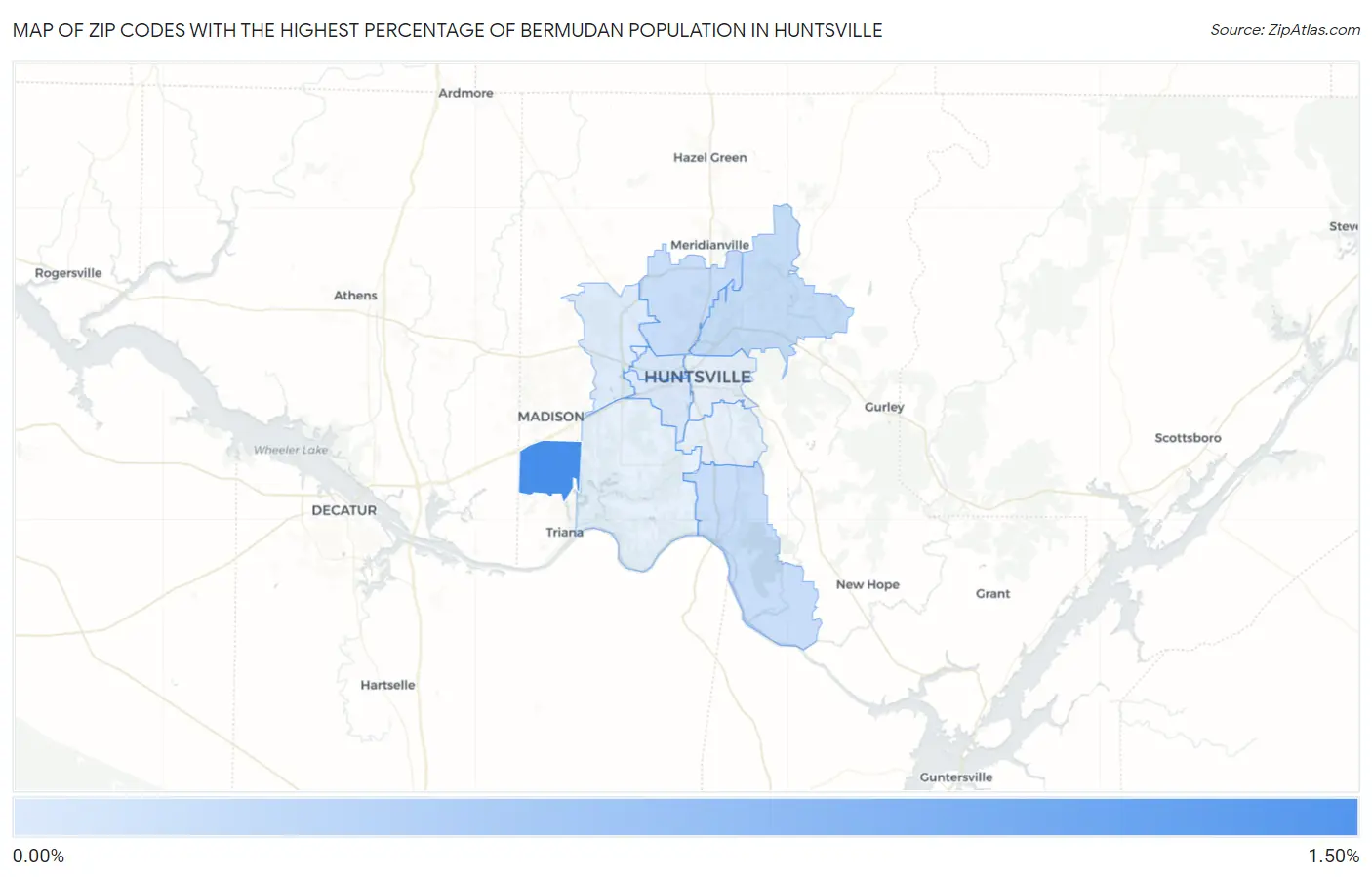 Zip Codes with the Highest Percentage of Bermudan Population in Huntsville Map