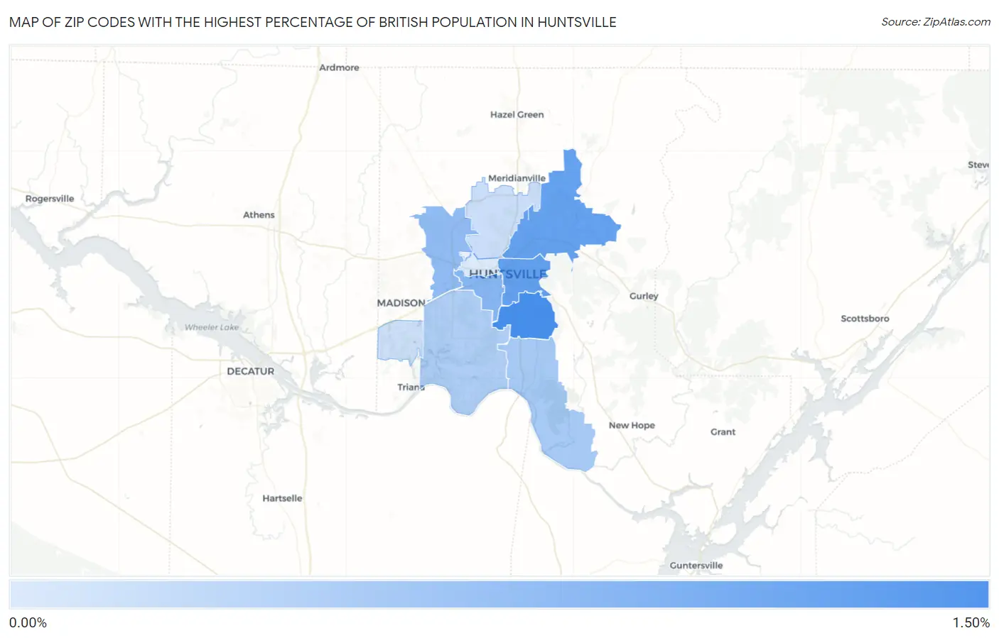 Zip Codes with the Highest Percentage of British Population in Huntsville Map