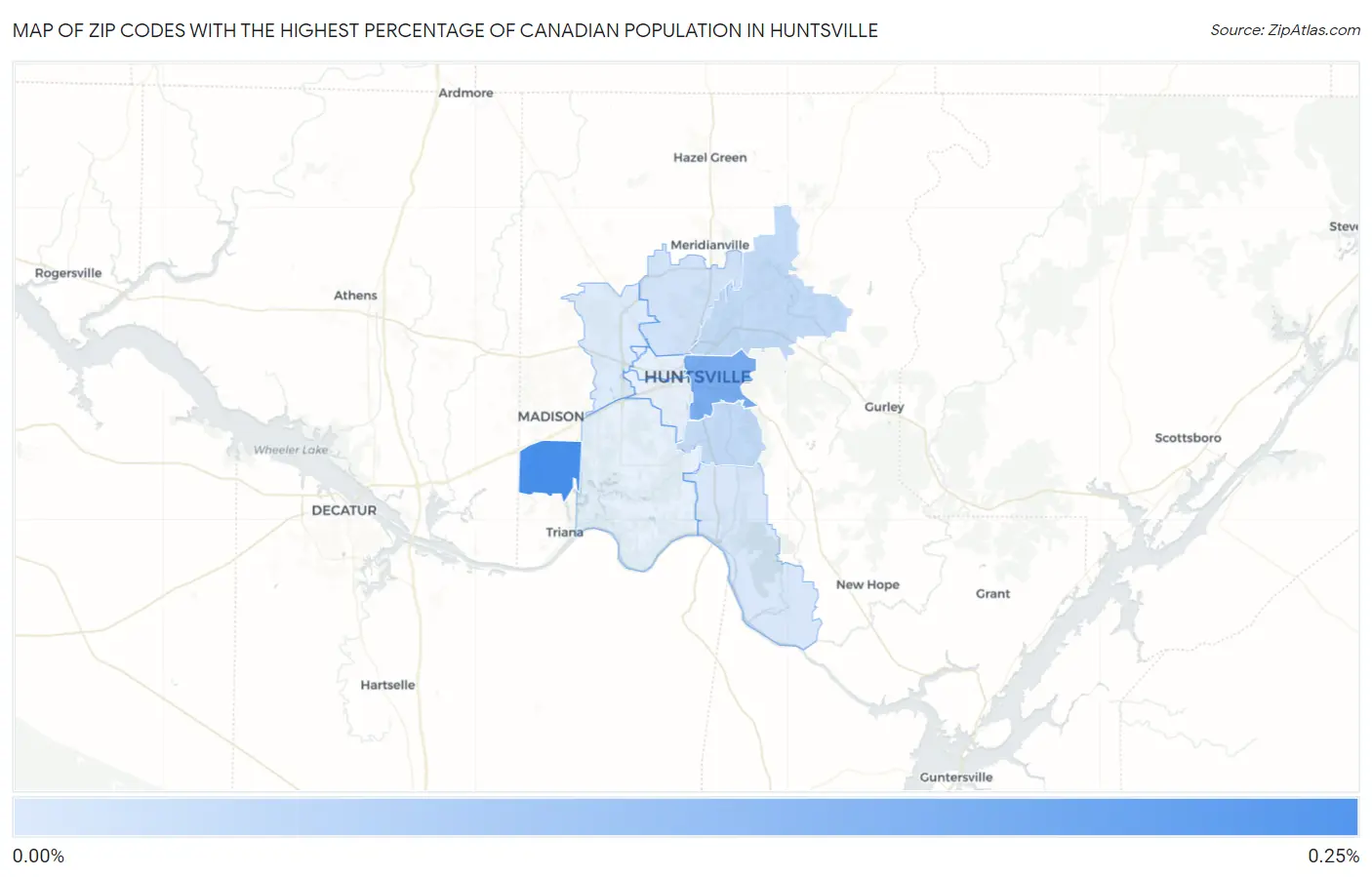 Zip Codes with the Highest Percentage of Canadian Population in Huntsville Map