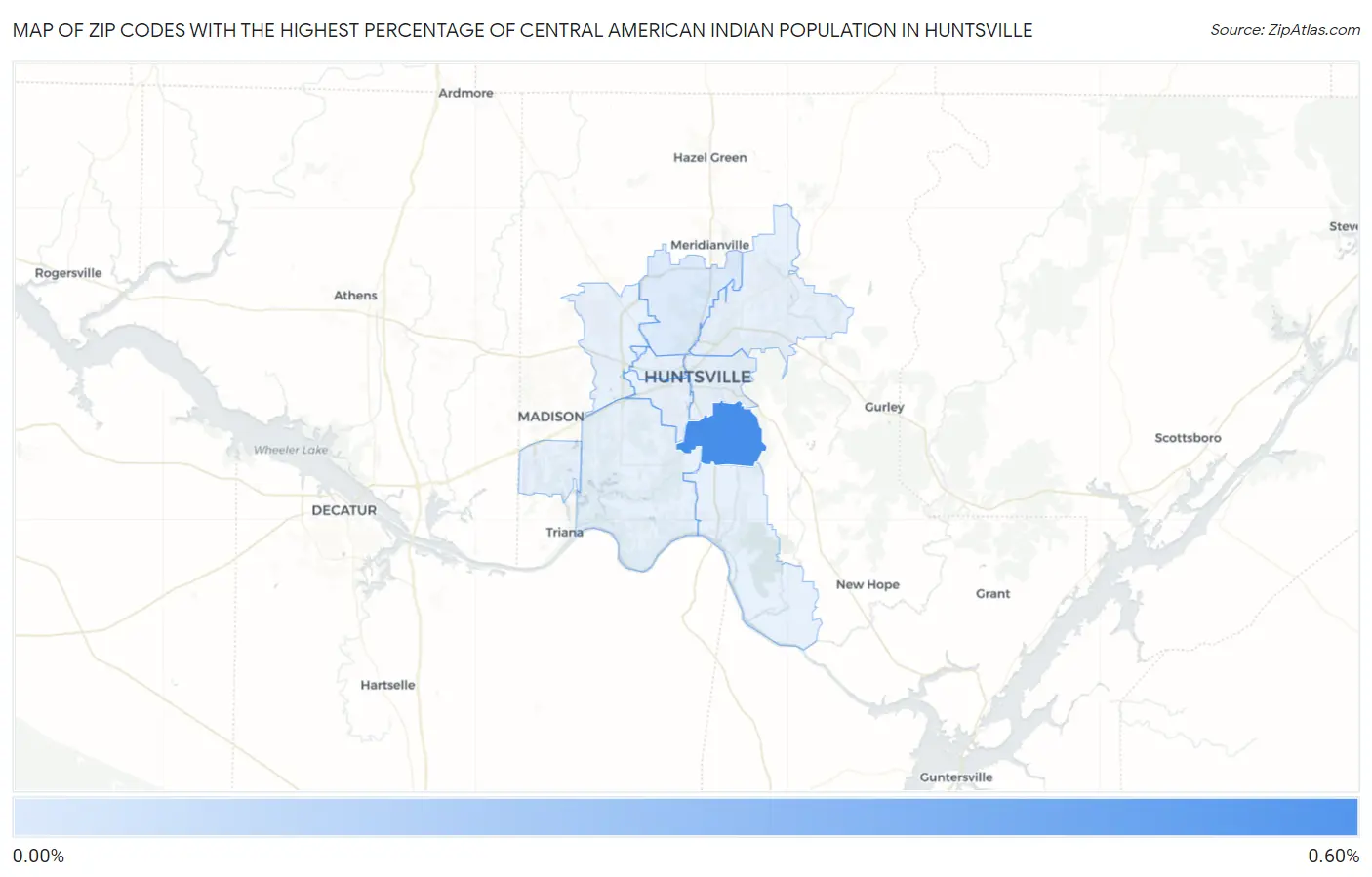 Zip Codes with the Highest Percentage of Central American Indian Population in Huntsville Map