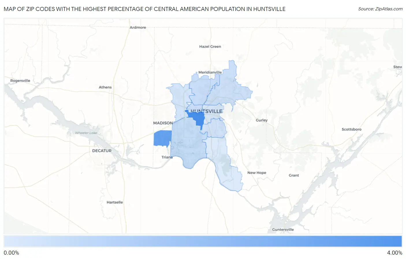 Zip Codes with the Highest Percentage of Central American Population in Huntsville Map