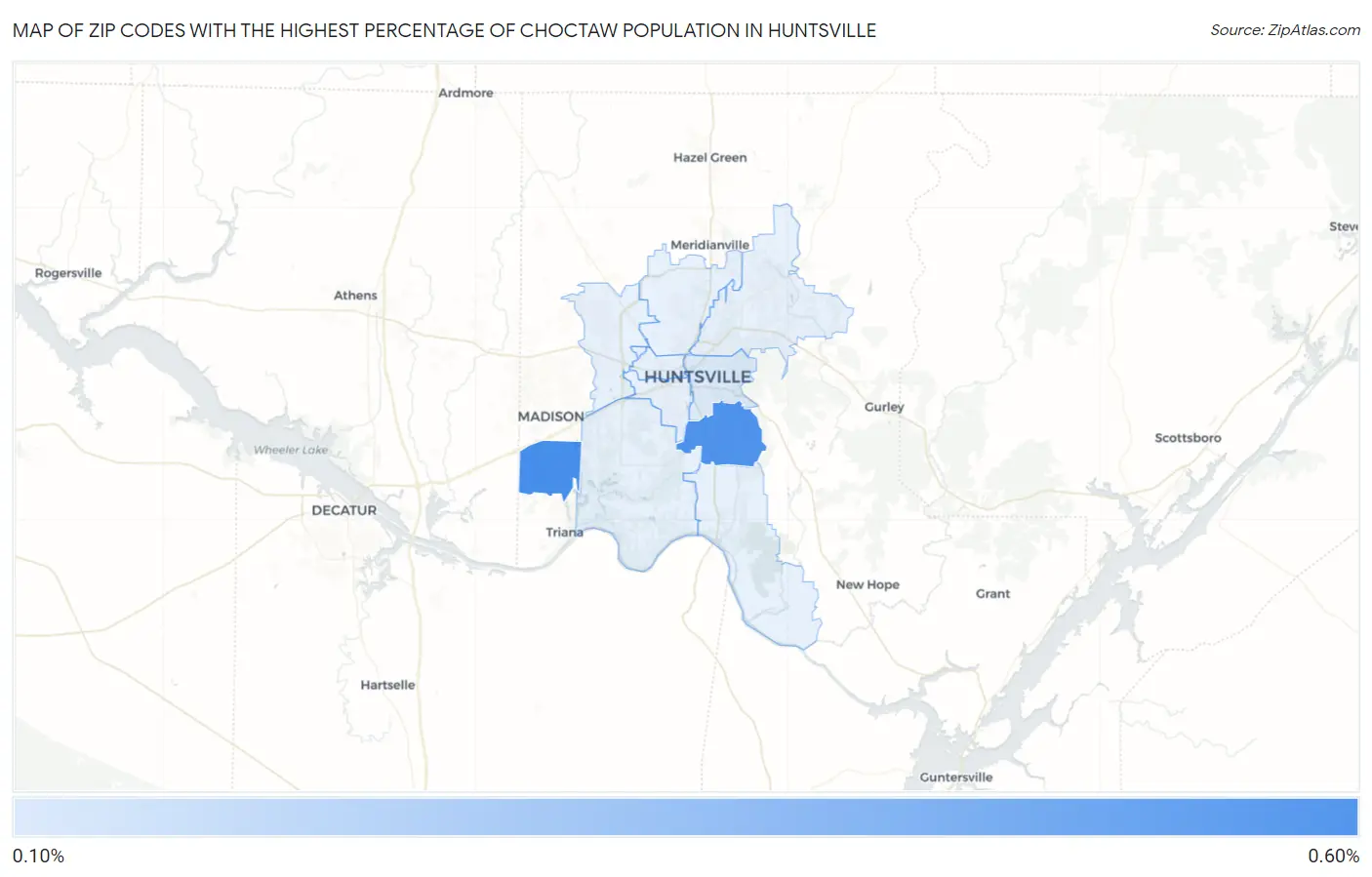 Zip Codes with the Highest Percentage of Choctaw Population in Huntsville Map