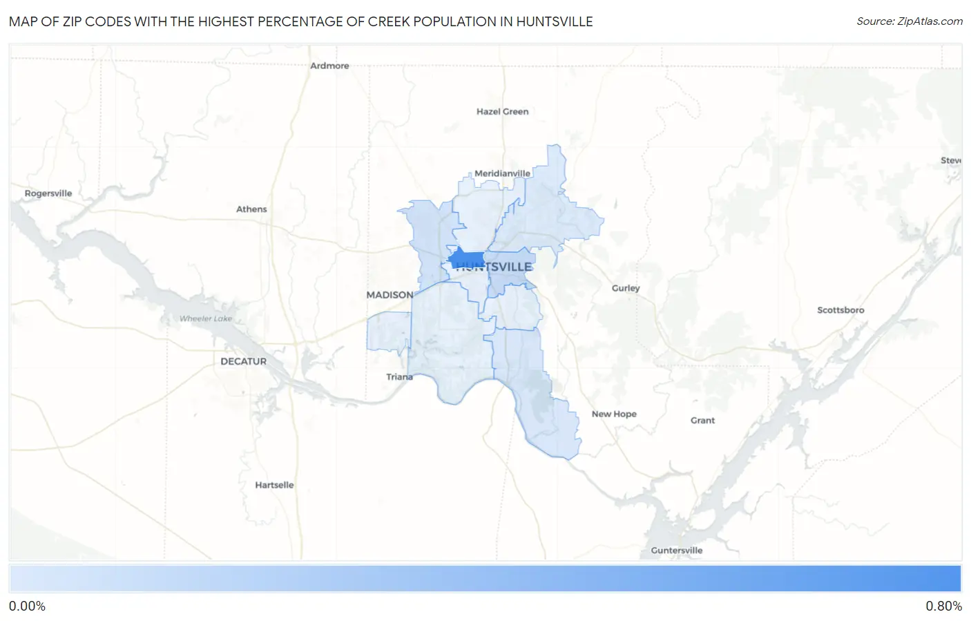 Zip Codes with the Highest Percentage of Creek Population in Huntsville Map