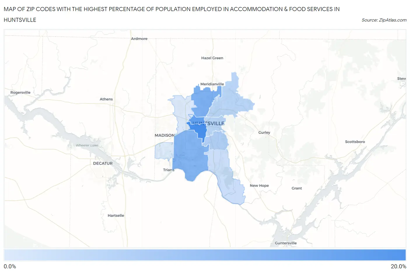 Zip Codes with the Highest Percentage of Population Employed in Accommodation & Food Services in Huntsville Map