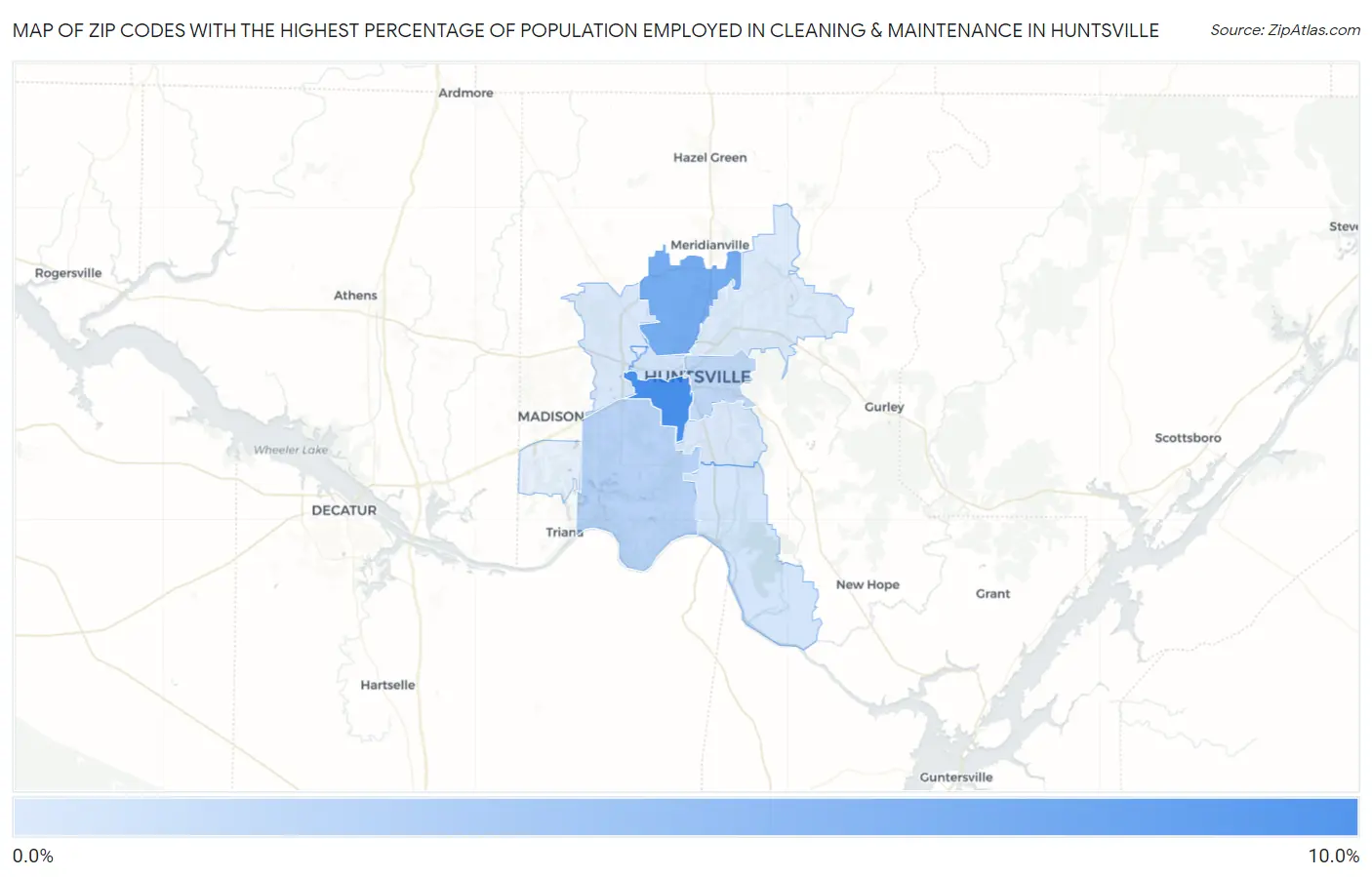 Zip Codes with the Highest Percentage of Population Employed in Cleaning & Maintenance in Huntsville Map