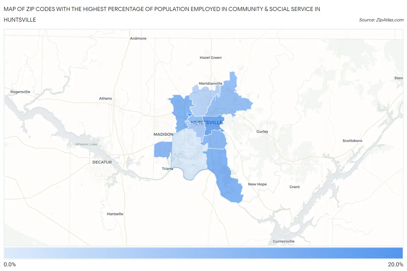 Zip Codes with the Highest Percentage of Population Employed in Community & Social Service  in Huntsville Map