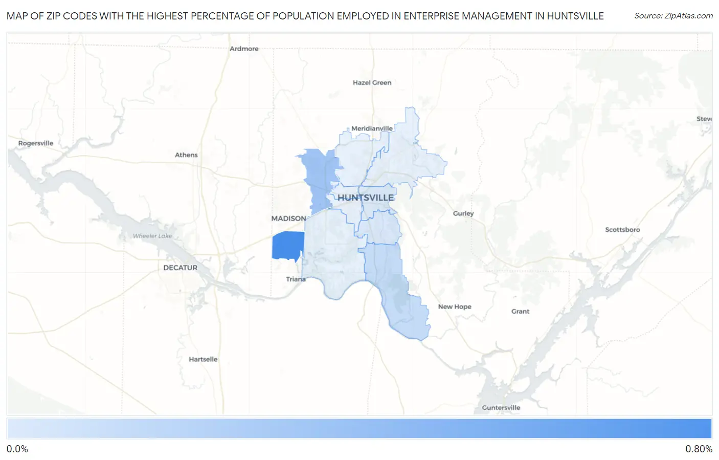 Zip Codes with the Highest Percentage of Population Employed in Enterprise Management in Huntsville Map