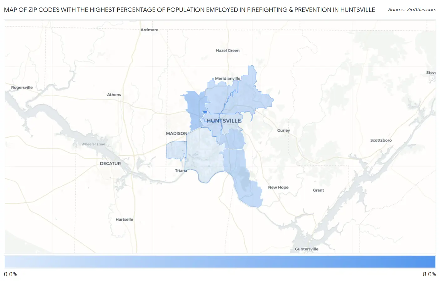 Zip Codes with the Highest Percentage of Population Employed in Firefighting & Prevention in Huntsville Map