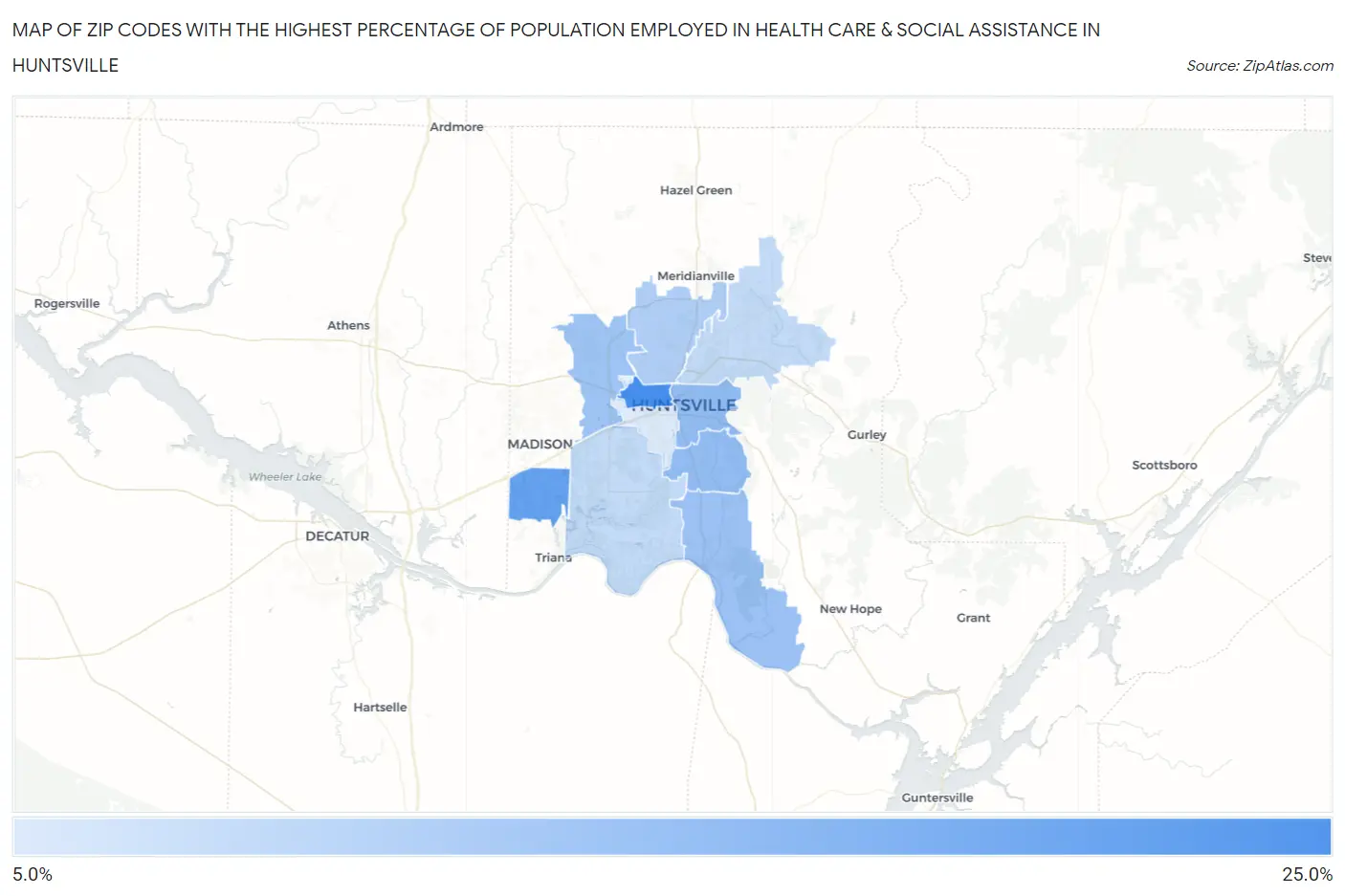 Zip Codes with the Highest Percentage of Population Employed in Health Care & Social Assistance in Huntsville Map