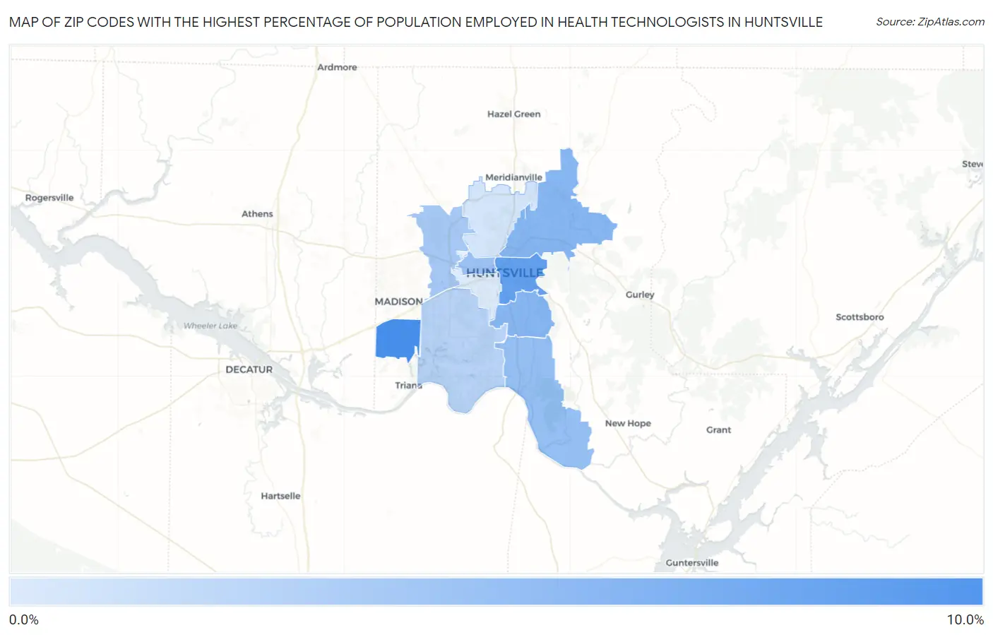 Zip Codes with the Highest Percentage of Population Employed in Health Technologists in Huntsville Map