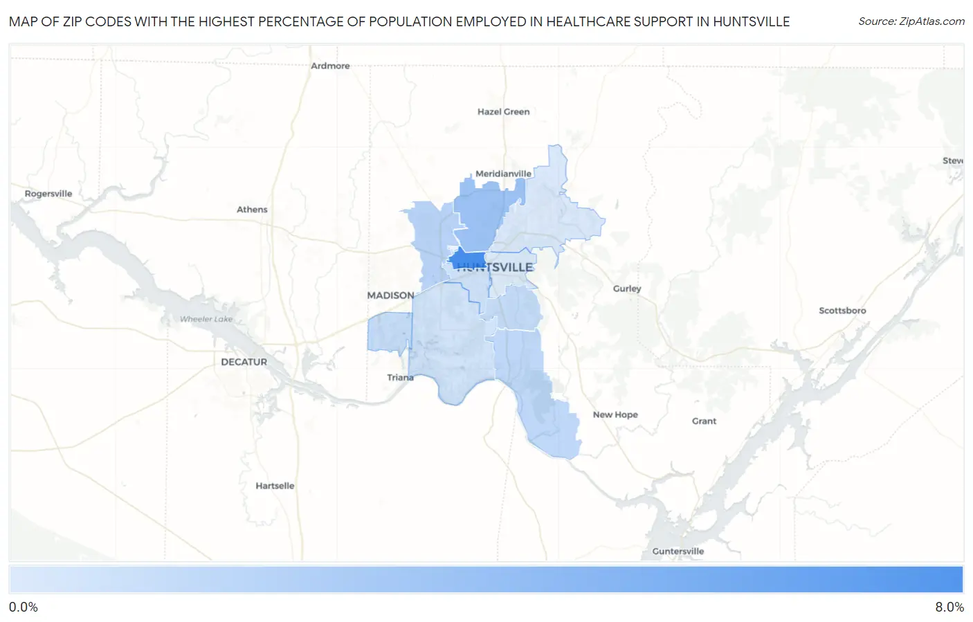 Zip Codes with the Highest Percentage of Population Employed in Healthcare Support in Huntsville Map