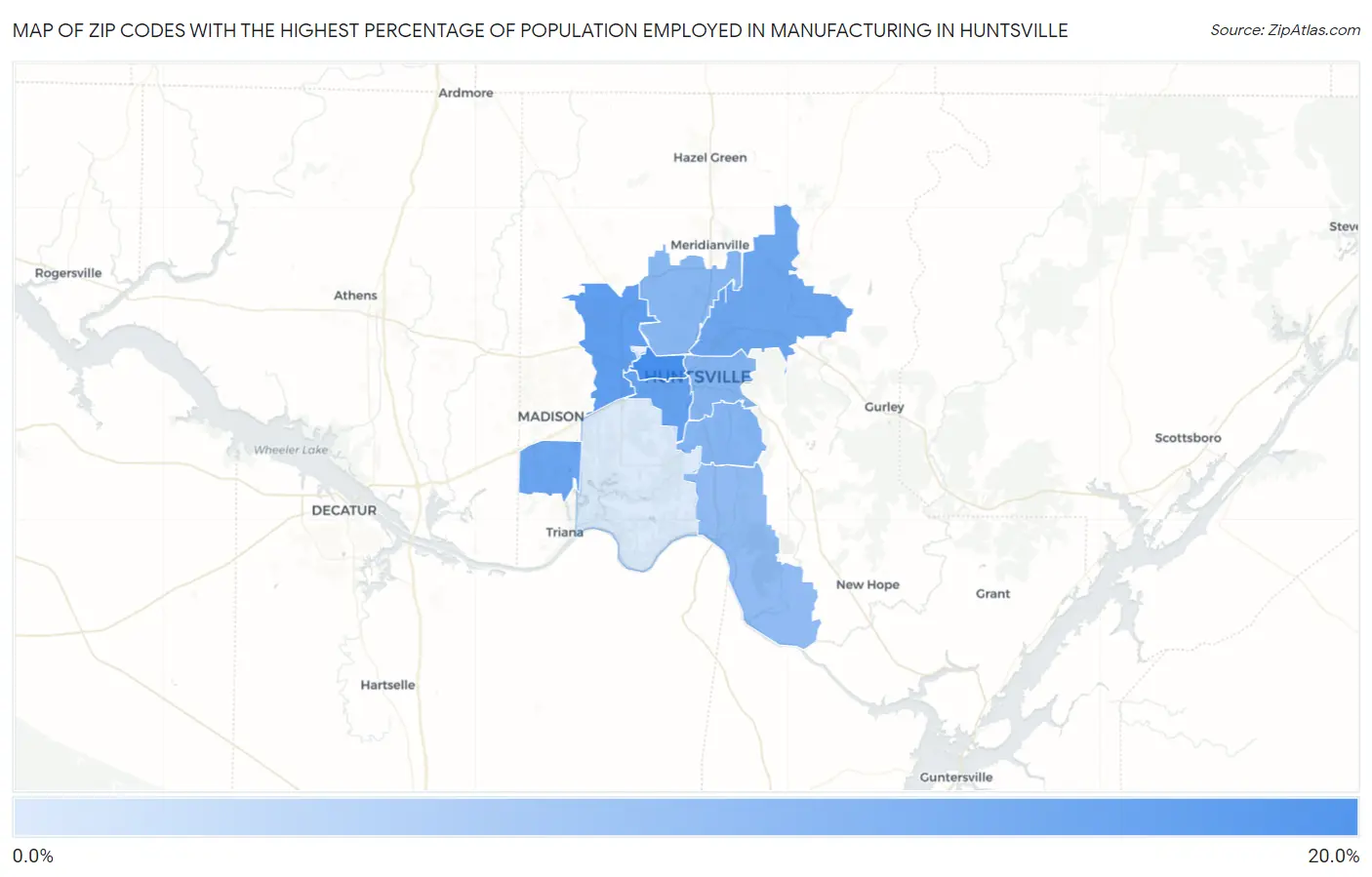 Zip Codes with the Highest Percentage of Population Employed in Manufacturing in Huntsville Map