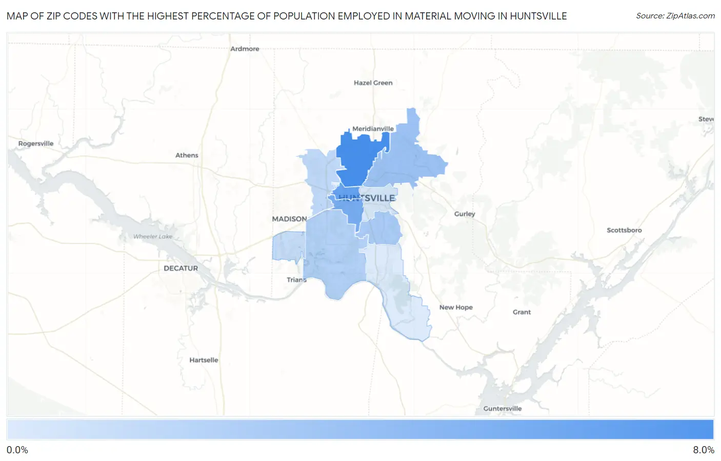 Zip Codes with the Highest Percentage of Population Employed in Material Moving in Huntsville Map