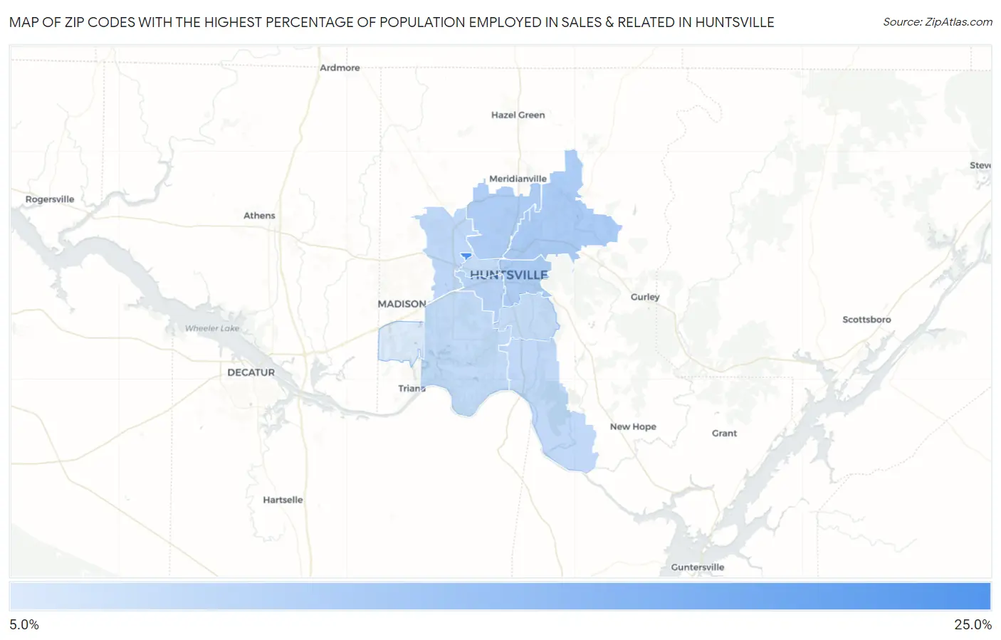 Zip Codes with the Highest Percentage of Population Employed in Sales & Related in Huntsville Map