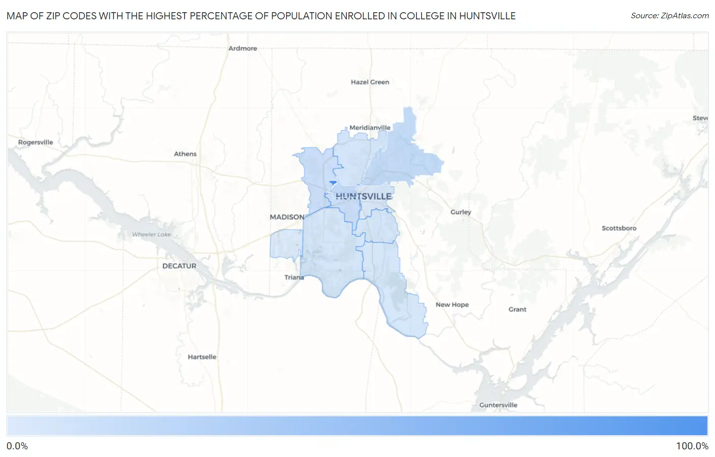 Zip Codes with the Highest Percentage of Population Enrolled in College in Huntsville Map