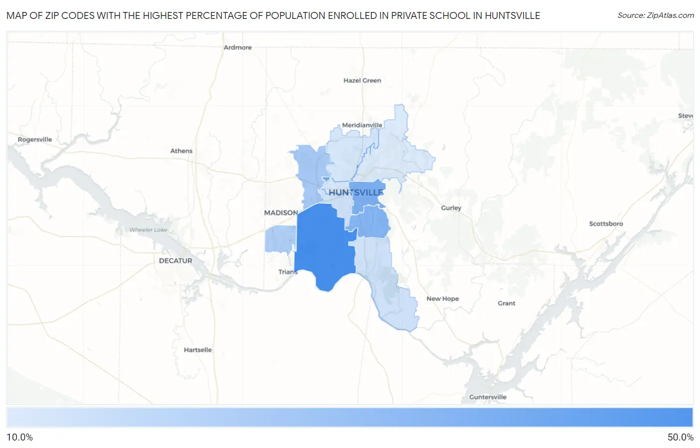 Zip Codes with the Highest Percentage of Population Enrolled in Private School in Huntsville Map