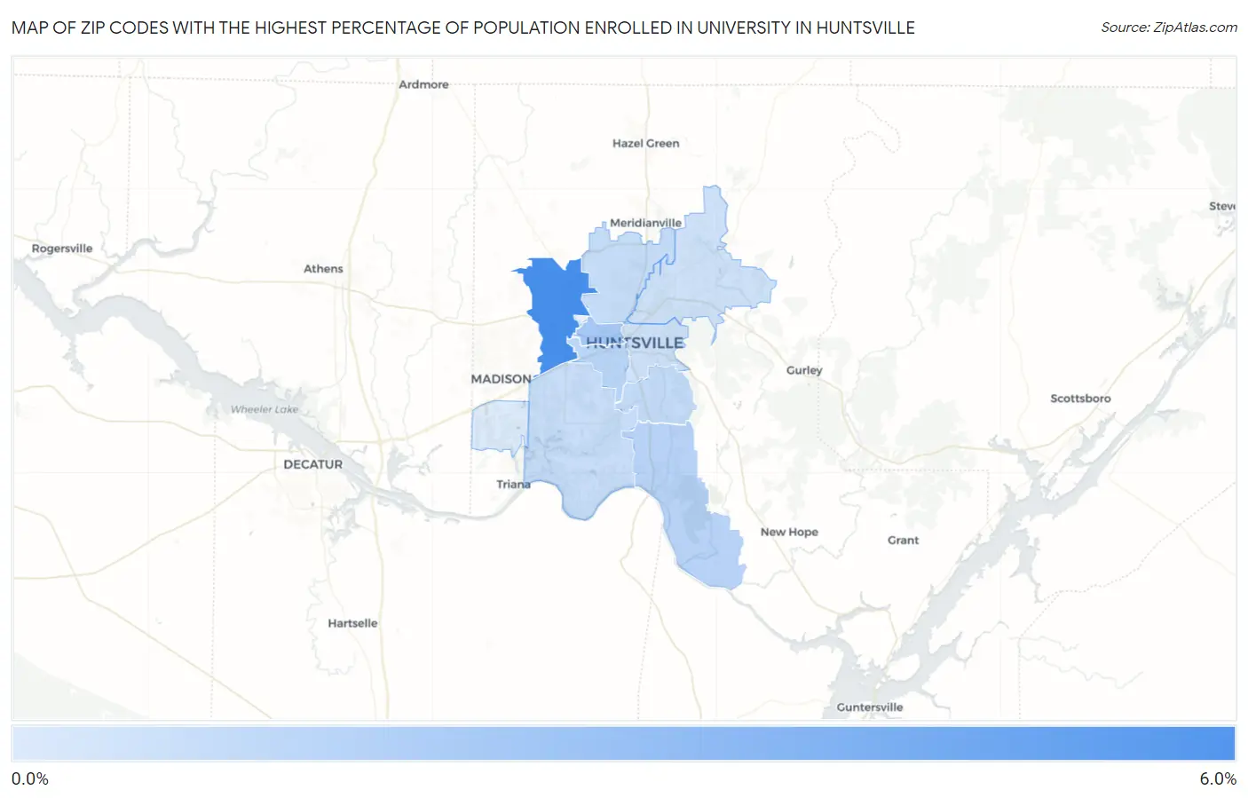Zip Codes with the Highest Percentage of Population Enrolled in University in Huntsville Map
