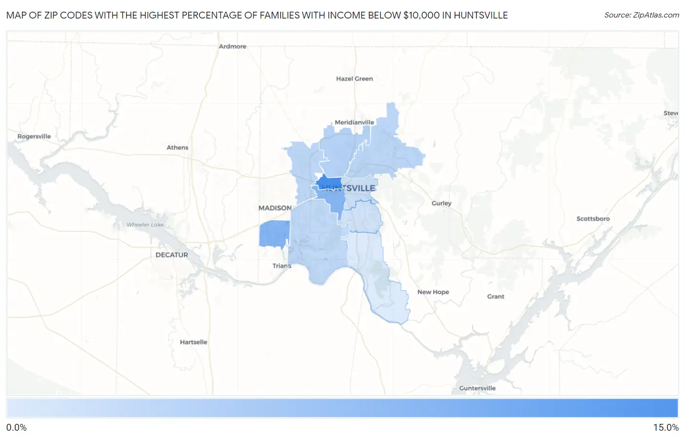 Zip Codes with the Highest Percentage of Families with Income Below $10,000 in Huntsville Map