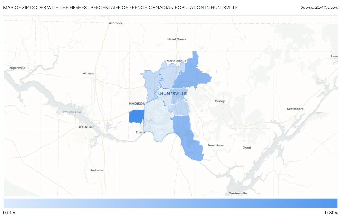 Zip Codes with the Highest Percentage of French Canadian Population in Huntsville Map
