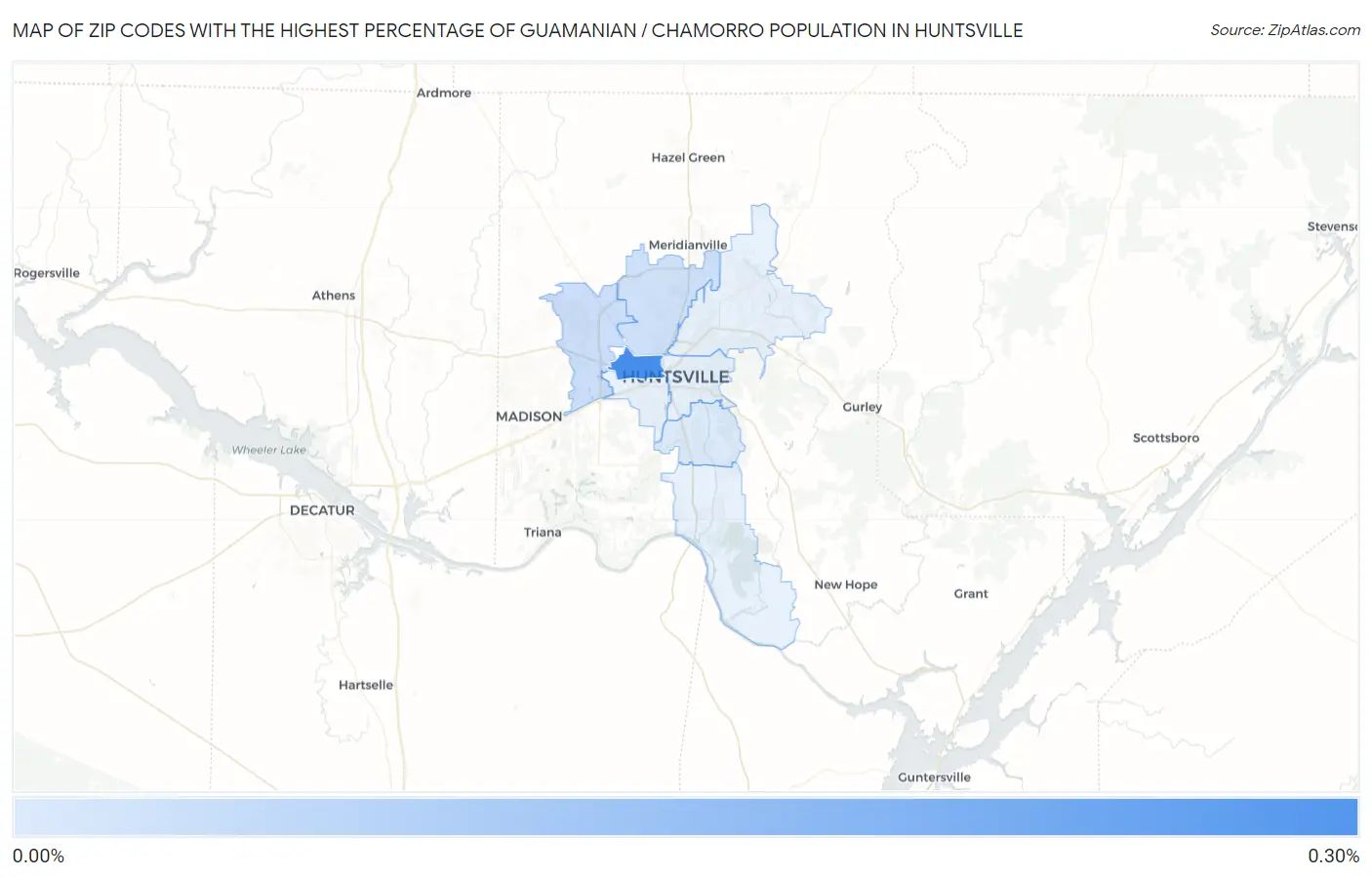 Zip Codes with the Highest Percentage of Guamanian / Chamorro Population in Huntsville Map