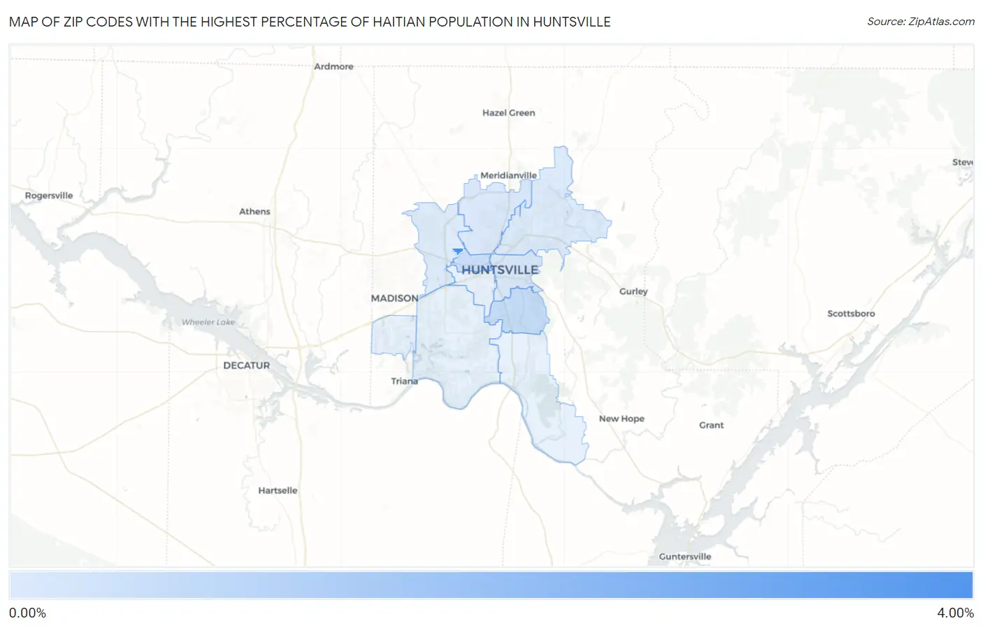 Zip Codes with the Highest Percentage of Haitian Population in Huntsville Map
