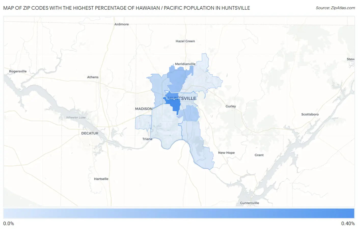 Zip Codes with the Highest Percentage of Hawaiian / Pacific Population in Huntsville Map