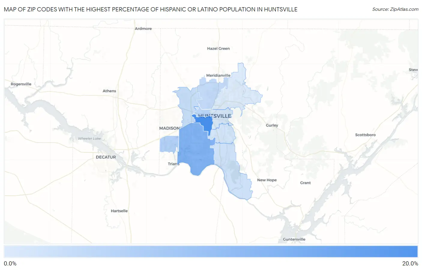 Zip Codes with the Highest Percentage of Hispanic or Latino Population in Huntsville Map