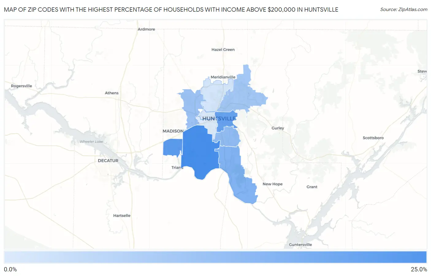 Zip Codes with the Highest Percentage of Households with Income Above $200,000 in Huntsville Map