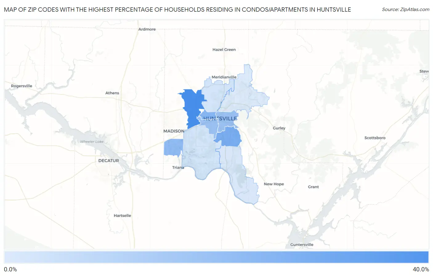 Zip Codes with the Highest Percentage of Households Residing in Condos/Apartments in Huntsville Map